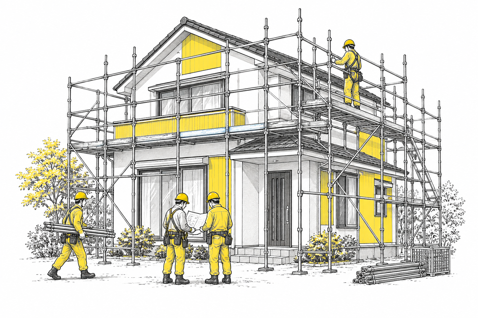 足場のある建物と、力を合わせる職人たちのイラスト