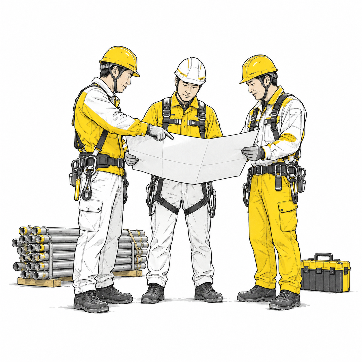 図面を囲んで打ち合わせをする職人たちのイラスト